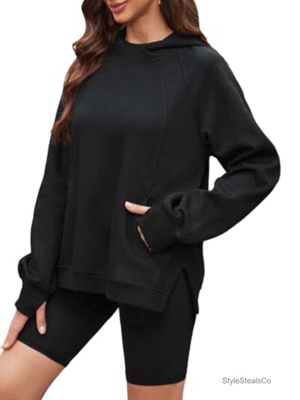 Womens Funnel Neck Pullover Hoodie with Pocket Thumbholes Long Sleeve